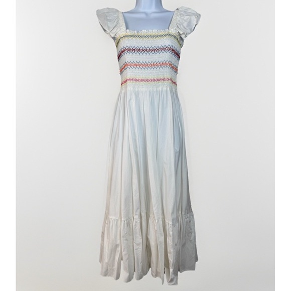 Dresses & Skirts - White Smocked Milkmaid Dress Sz S Cottagecore Puff Sleeve Rainbow Stitch Maxi